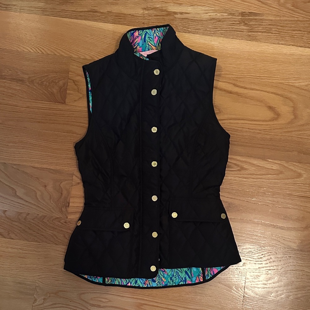 Lilly Pulitzer Black Quilted Vest with Gold Buttons
